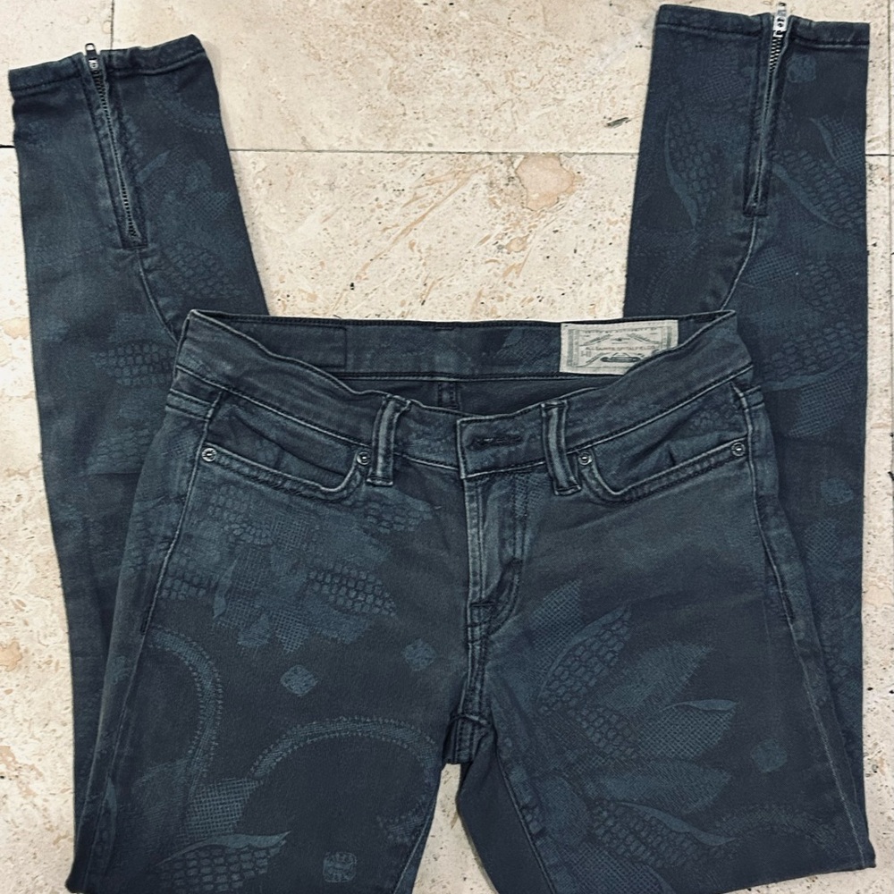 All Saints Gray & Pale Blue Print Low Rise Stretch Skinny Jeans & Ankle Zip